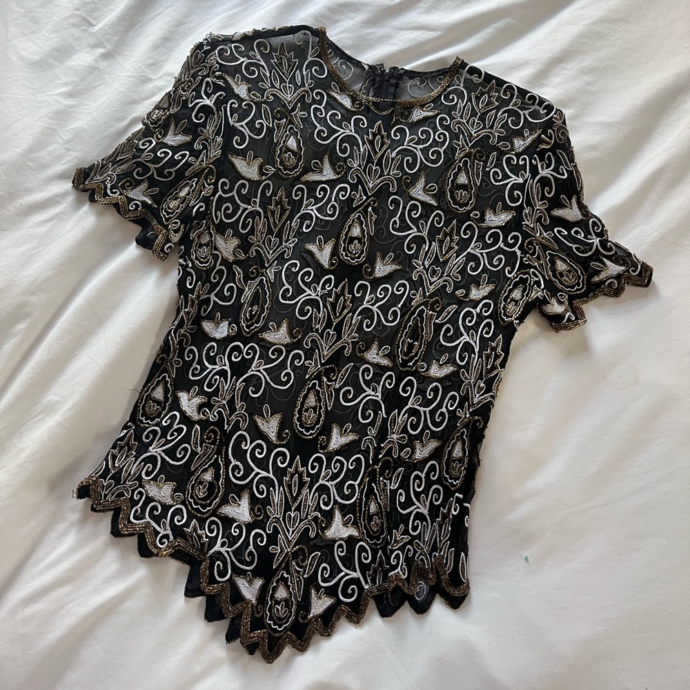 80s Black Sheet Beaded Blouse